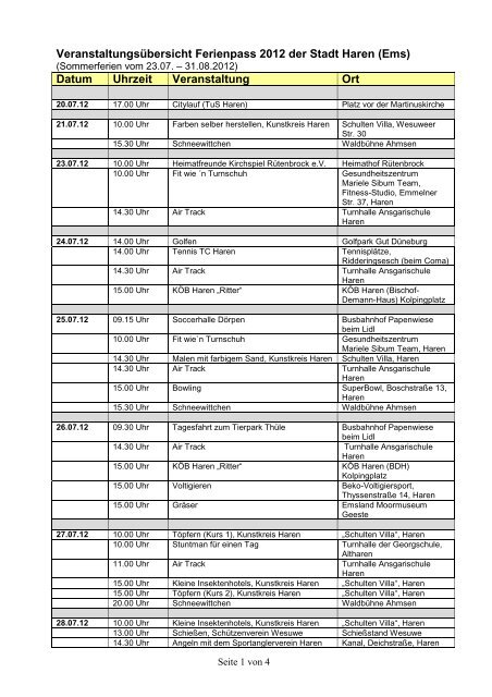 Veranstaltungsübersicht Ferienpass 2012 der Stadt Haren (Ems ...