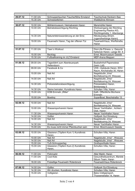 Veranstaltungsübersicht Ferienpass 2012 der Stadt Haren (Ems ...
