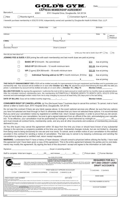 Sample Gym Membership Agreement