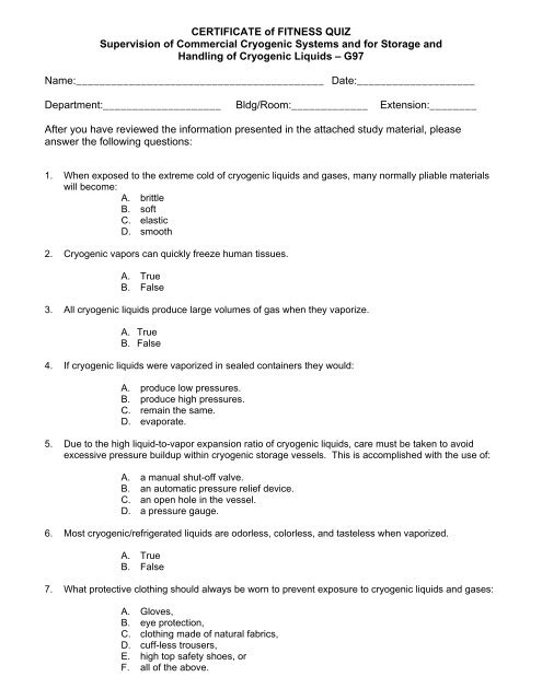 CERTIFICATE Of FITNESS QUIZ