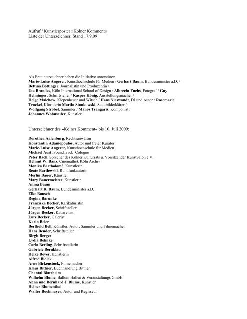 Aufruf Kunstlerposter Kolner Komment Liste Der Unterzeichner