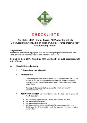 Checkliste für KT-KFZ - Transporteure