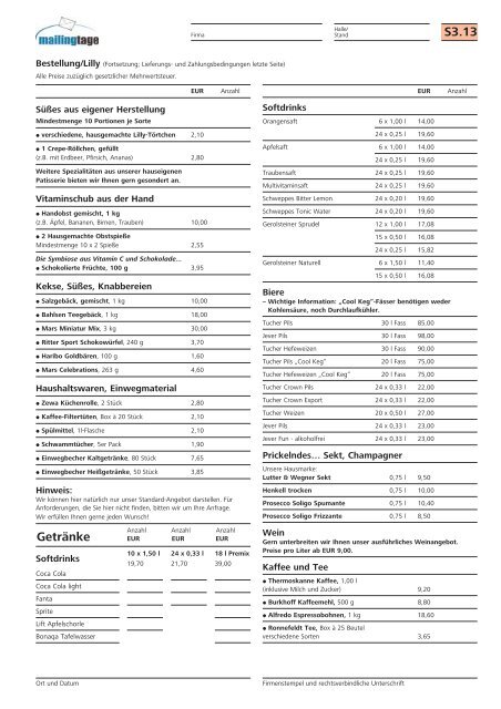 Catering, Standbewirtung (Lehrieder) - Mailingtage