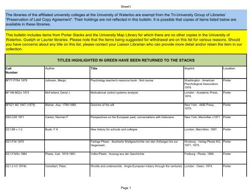 TITLES HIGHLIGHTED IN GREEN HAVE BEEN RETURNED TO ...