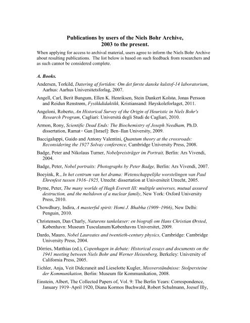 Publications by users of the Niels Bohr Archive, 2003 to the present.