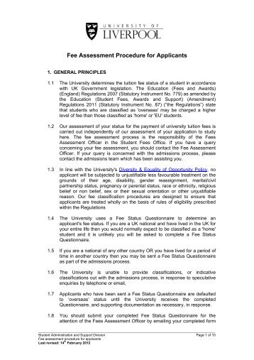 Fee Assessment Procedure for Applicants - University of Liverpool