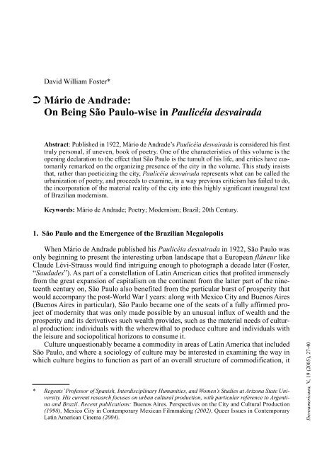 Mário de Andrade: On Being São Paulo-wise in Paulicéia desvairada