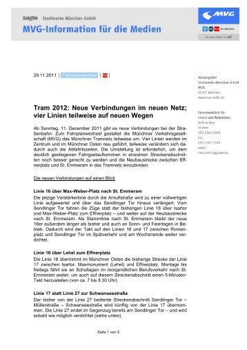 Tram 2012: Neue Verbindungen im neuen Netz - MVG