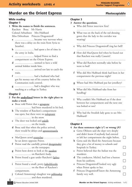 Activity Worksheet - Penguin Readers Level 4: Murder on the Orient ...