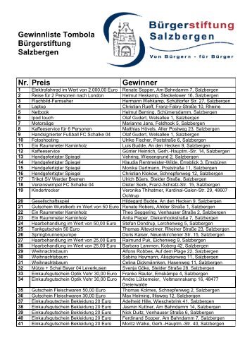 Gewinnliste Tombola Bürgerstiftung Salzbergen Nr. Preis Gewinner