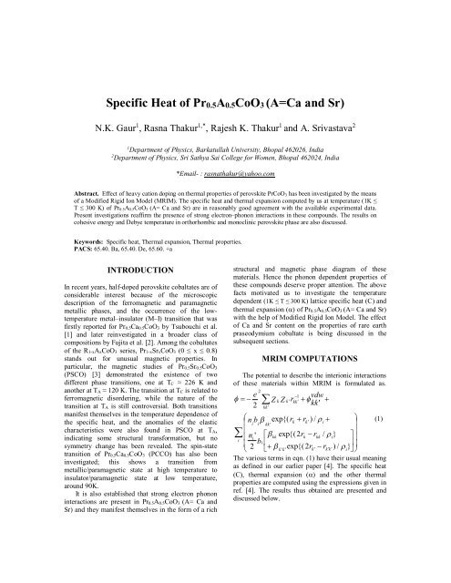 Specific Heat of Pr0.5A0.5CoO3 (A=Ca and Sr) - BARC