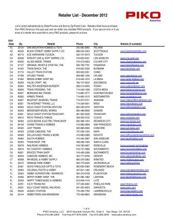 Retailer List - December 2012 - PIKO America