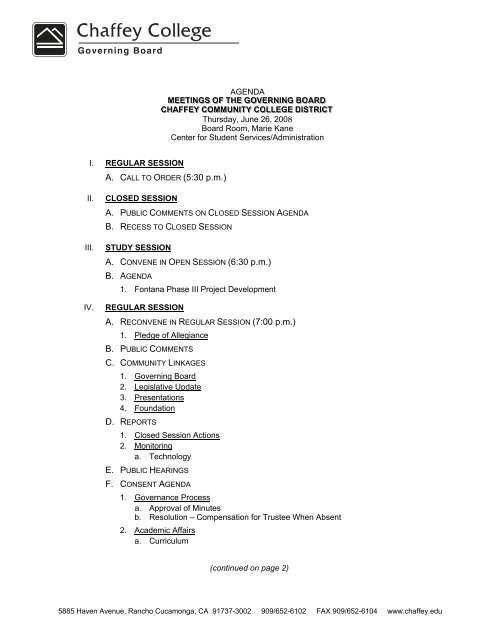 Governing Board A. CALL TO ORDER (5:30 p.m. ... - Chaffey College