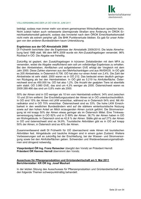Protokoll Sitzung der Vollversammlung der LK OÖ vom 30. Juni 2011