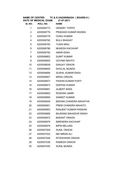 NAME OF CENTRE: TC & S HAZARIBAGH ( BOARD-II ... - SSC