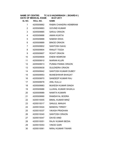 NAME OF CENTRE: TC & S HAZARIBAGH ( BOARD-II ... - SSC