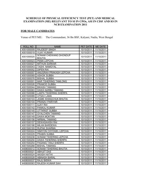 SCHEDULE OF PHYSICAL EFFICIENCY TEST (PET ... - Sscer.org