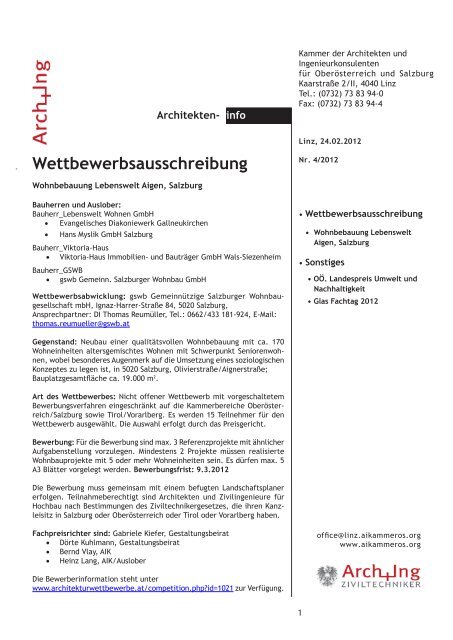 Wettbewerbsausschreibung - Kammer der Architekten und ...