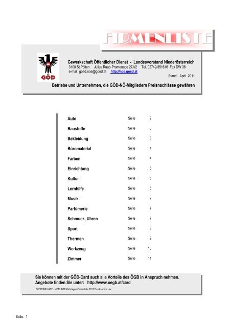 Firmenliste 2011 Druckversion - GÖD NÖ