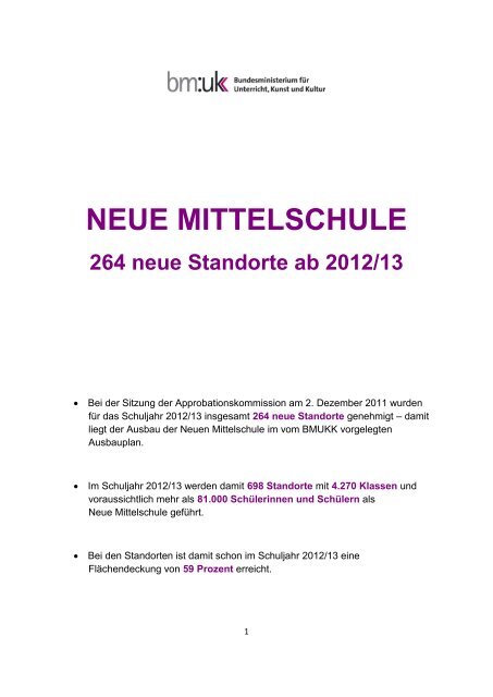 NEUE MITTELSCHULE 264 neue Standorte ab 2012/13