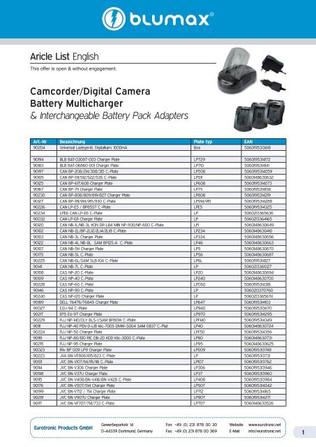 Aricle List English Camcorder/Digital Camera Battery Multicharger ...
