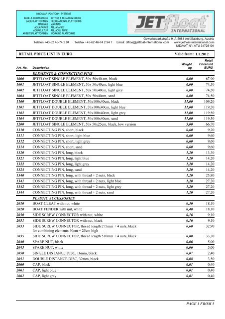 RETAIL PRICE LIST IN EURO Valid from: 1.1.2012 ... - Lunatrade