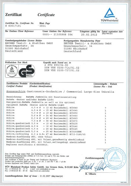 Bahama Jumbrella TÜV-Zertifikat