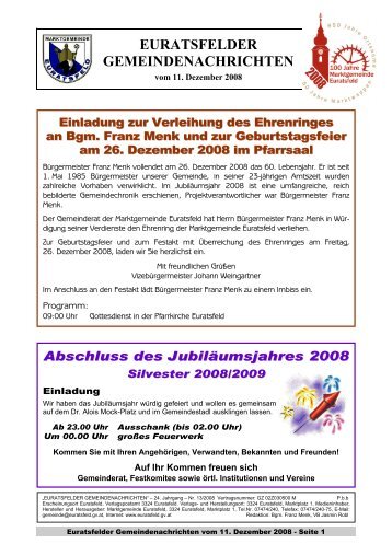 30. Dezember 2008 Ersatztermin: 2. - Marktgemeinde Euratsfeld