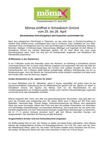 Mömax eröffnet in Schwäbisch Gmünd vom 25. bis 28. April