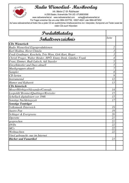Produktkatalog Inhaltsverzeichnis Radio Wienerlied Musikverlag
