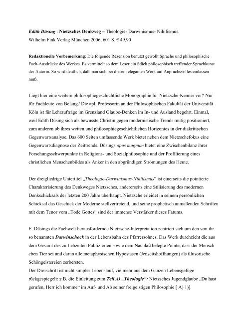 Edith Düsing: Nietzsches Denkweg - Prof. Dr. Dr. Horst W. Beck