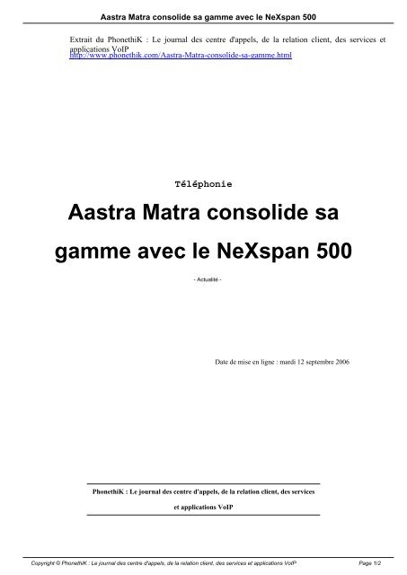 Aastra Matra consolide sa gamme avec le NeXspan 500