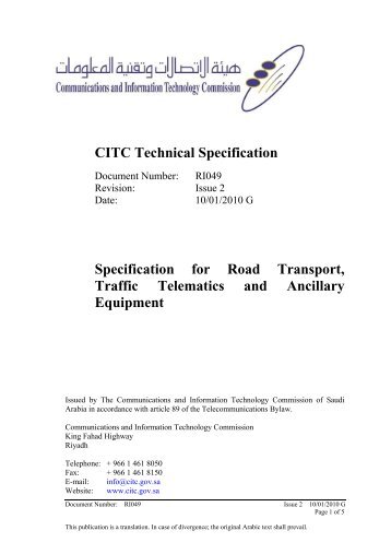 Road Transport, Traffic Telematics and Ancillary Equipment