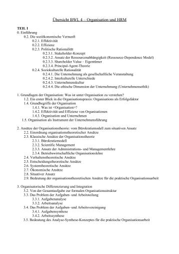 Übersicht BWL 4 – Organisation und HRM - RealWWZ