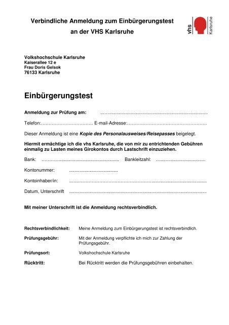 Verbindliche Anmeldung zum Einbürgerungstest an der VHS