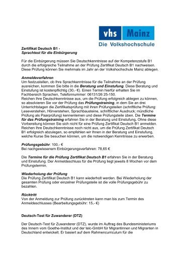 Zertifikat Deutsch B1 - Sprachtest für die Einbürgerung ... - vhs Mainz