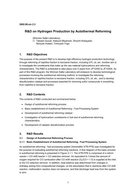 R&D on Hydrogen Production by Autothermal Reforming