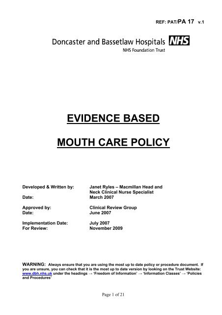 evidence based mouth care policy - Doncaster and Bassetlaw ...