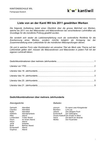 Liste von an der Kanti Wil bis 2011 gewählten Werken