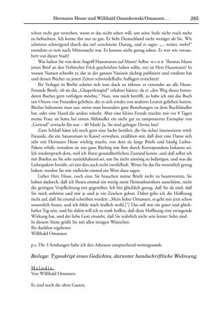 Hermann Hesse und Willibald Omankowski/ Omansen. Überreste ...