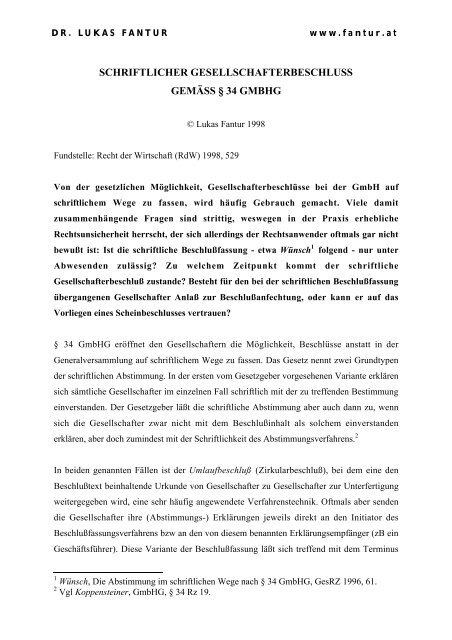 Schriftlicher Gesellschafterbeschluss gemäß § 34 GmbH-Gesetz