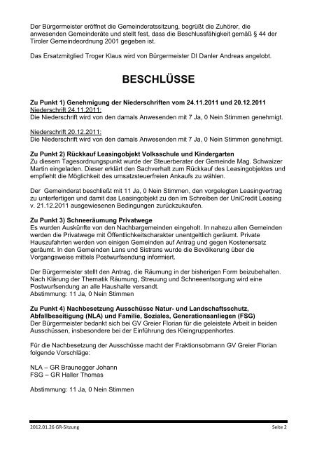 gemeinderatssitzung niederschrift - Gemeinde Patsch