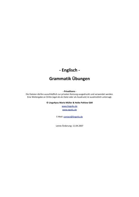 Englisch - Grammatik Übungen