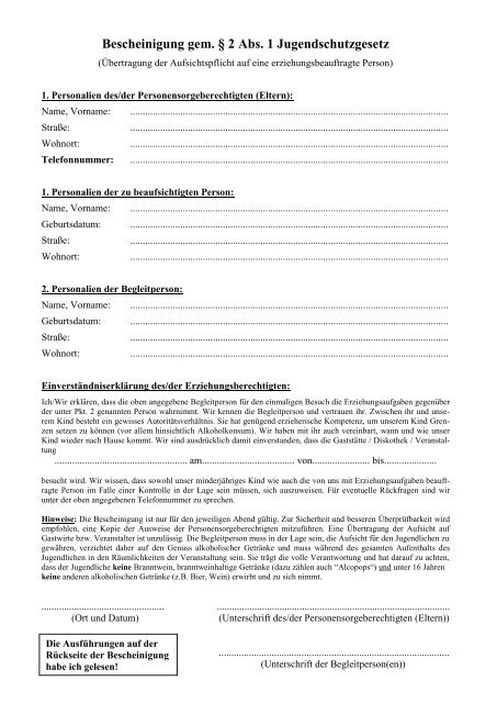 Bescheinigung gem. § 2 Abs. 1 Jugendschutzgesetz