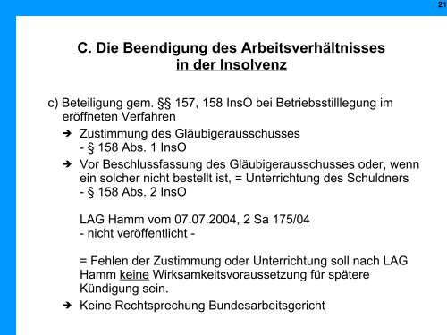 Arbeitsrechtliche Aspekte in der Insolvenz - Institut für Insolvenzrecht