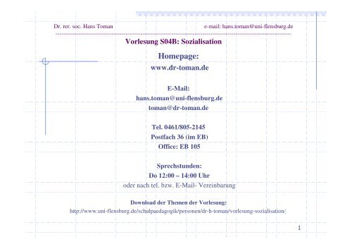 Vorlesung S04B: Sozialisation 9. Veranstaltung am 20.01.2011 ...