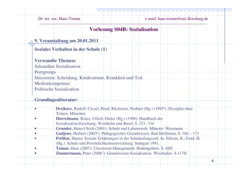 Vorlesung S04B: Sozialisation 9. Veranstaltung am 20.01.2011 ...