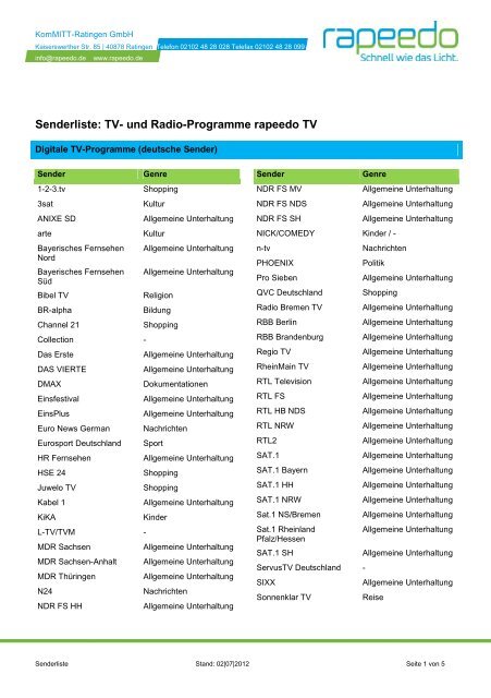 Senderliste: TV- und Radio-Programme rapeedo TV
