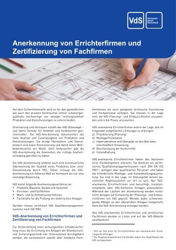 Anerkennung von Errichterfirmen und Zertifizierung von ... - VdS