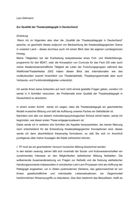 Zur Qualität der Theaterpädagogik in Deutschland - proskenion ...